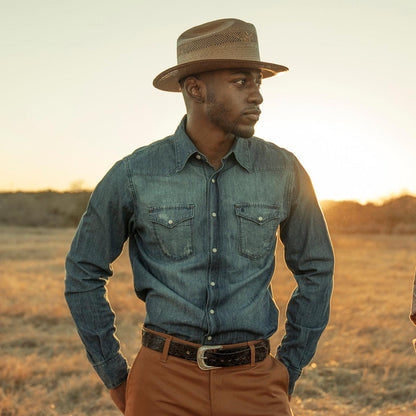 Men Modern Cut Stetson Medium Blue Denim Shirt Blue