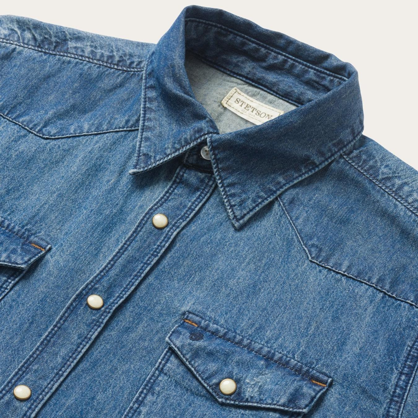Men Modern Cut Stetson Medium Blue Denim Shirt Blue