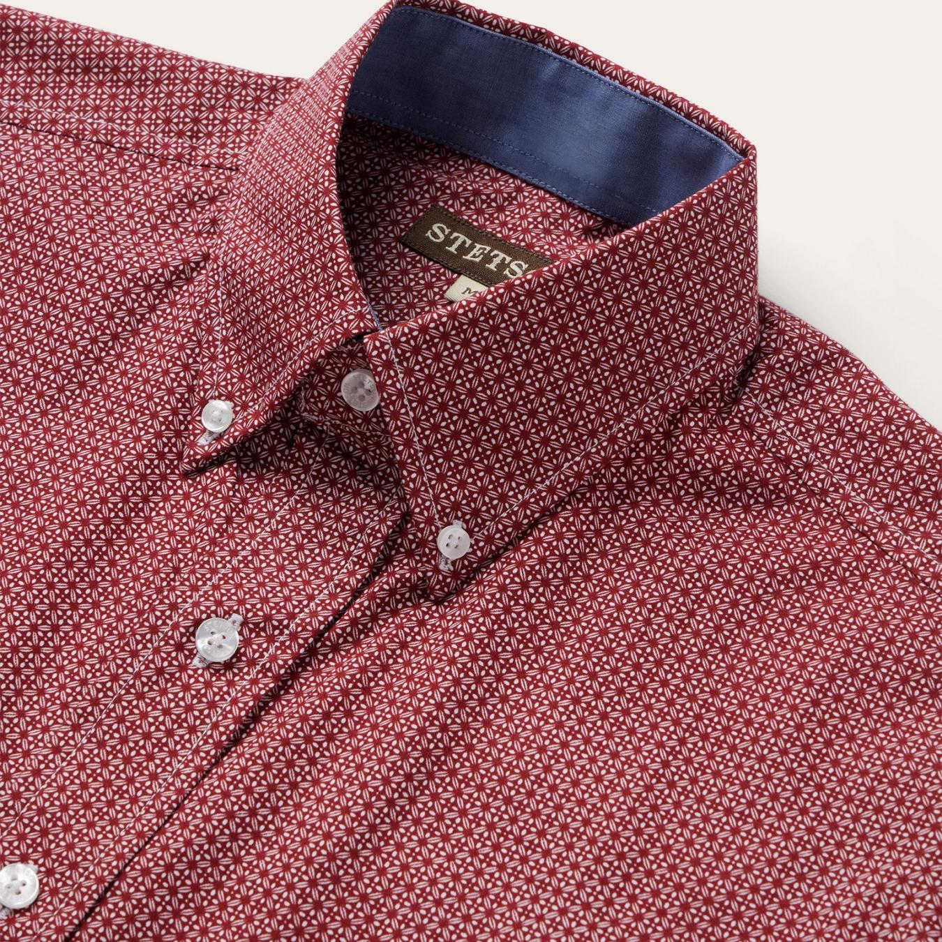 Men Modern Cut Stetson Micro Print Button-Front Shirt Red