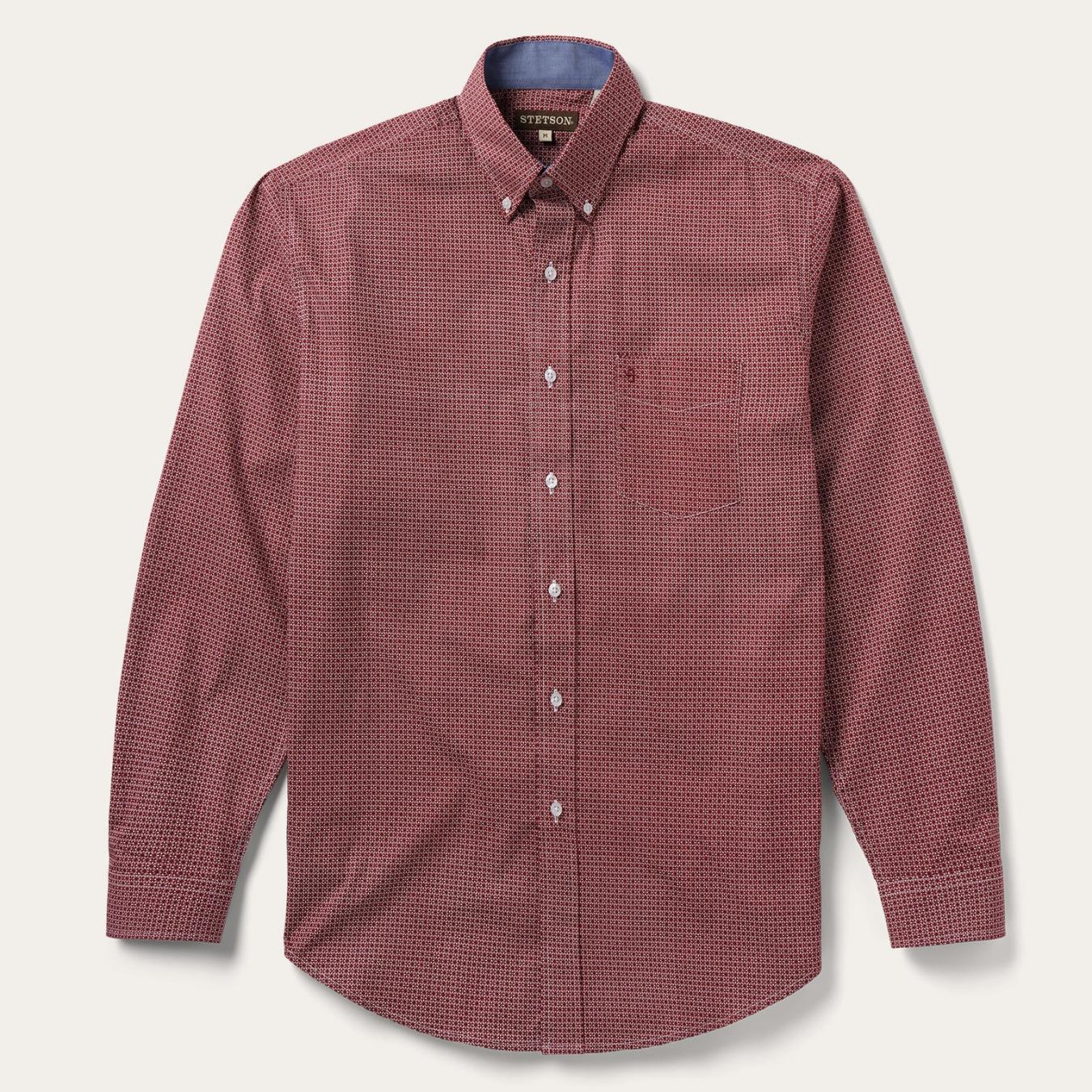 Men Modern Cut Stetson Micro Print Button-Front Shirt Red