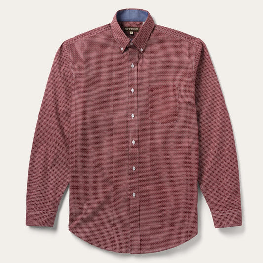 Men Modern Cut Stetson Micro Print Button-Front Shirt Red