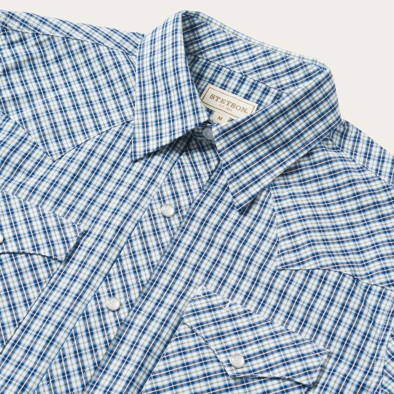 Men Modern Cut Stetson Modern Snap Front Shirt In Mini Check Blue