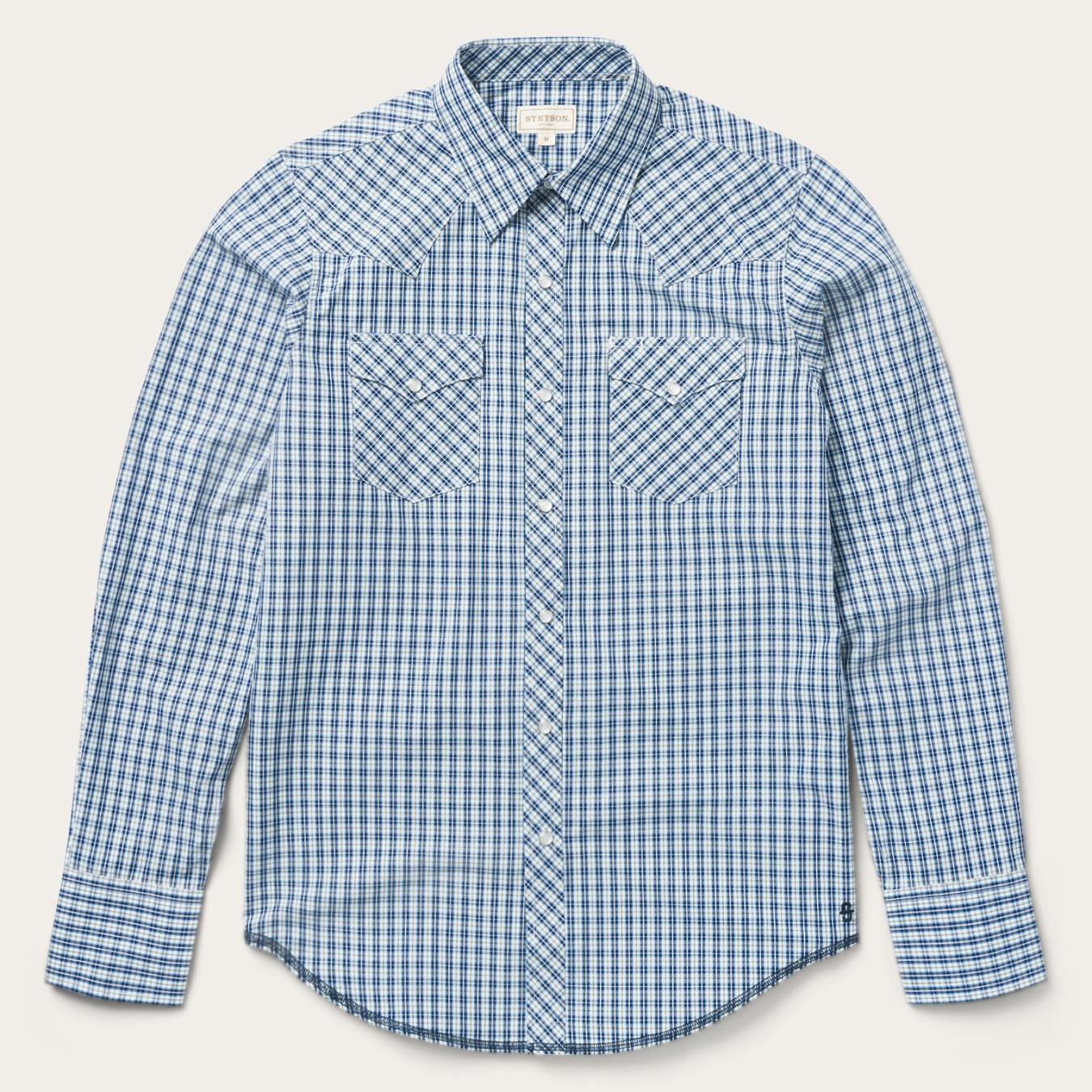 Men Modern Cut Stetson Modern Snap Front Shirt In Mini Check Blue