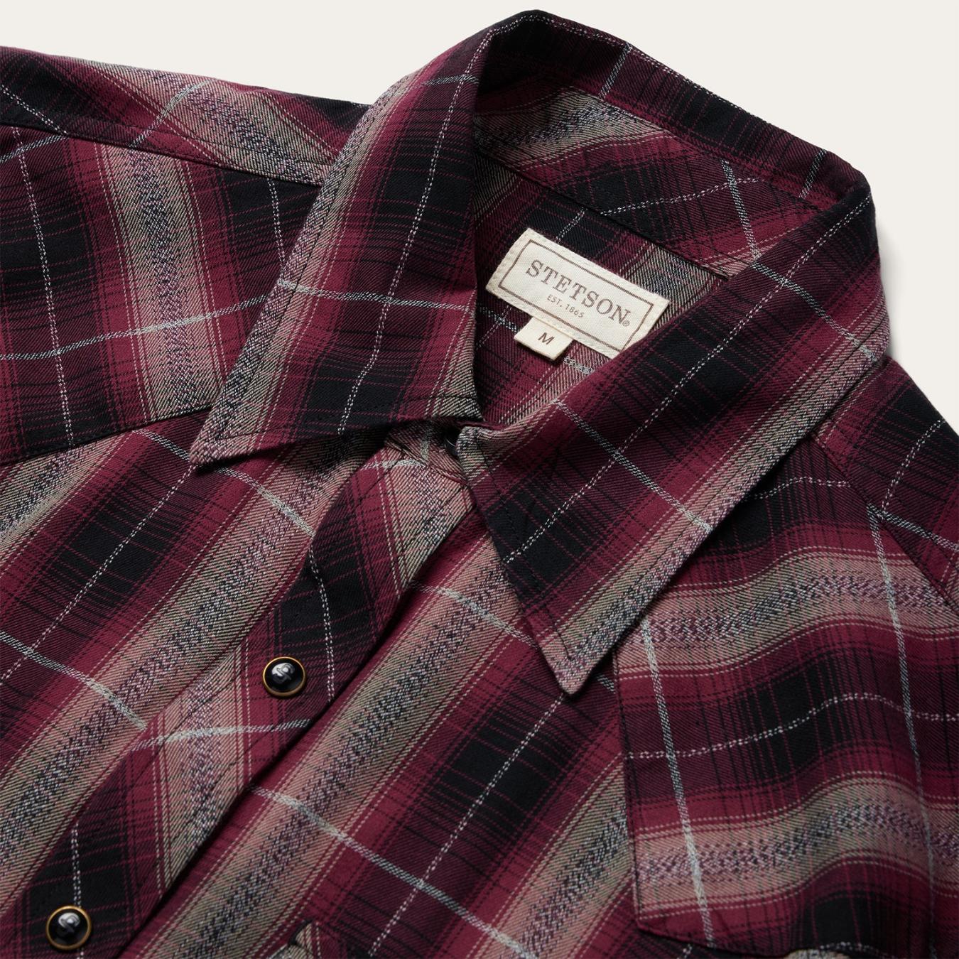 Men Modern Cut Stetson Red Marl Plaid Western Shirt Red