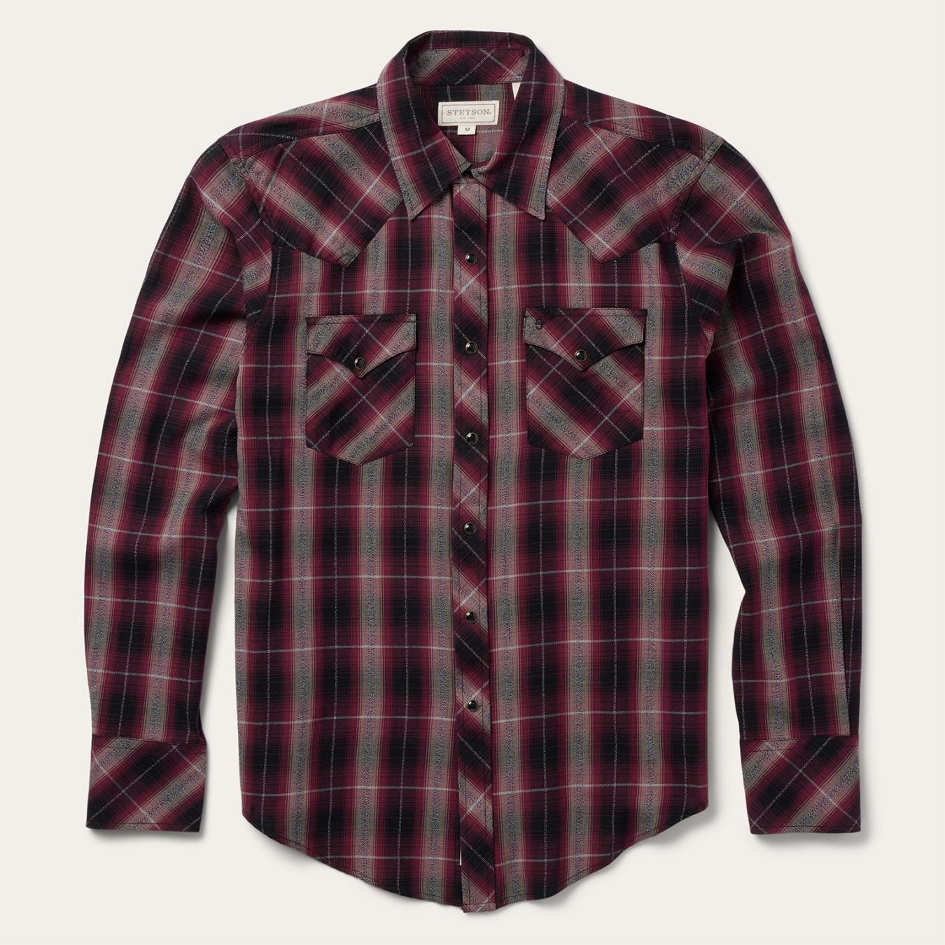 Men Modern Cut Stetson Red Marl Plaid Western Shirt Red