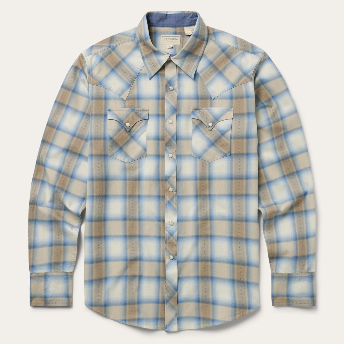 Men Modern Cut Stetson Sand Plaid Dobby Western Shirt Brown