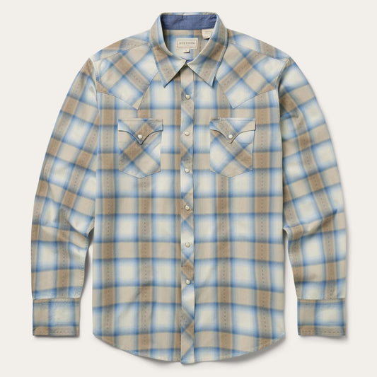 Men Modern Cut Stetson Sand Plaid Dobby Western Shirt Brown