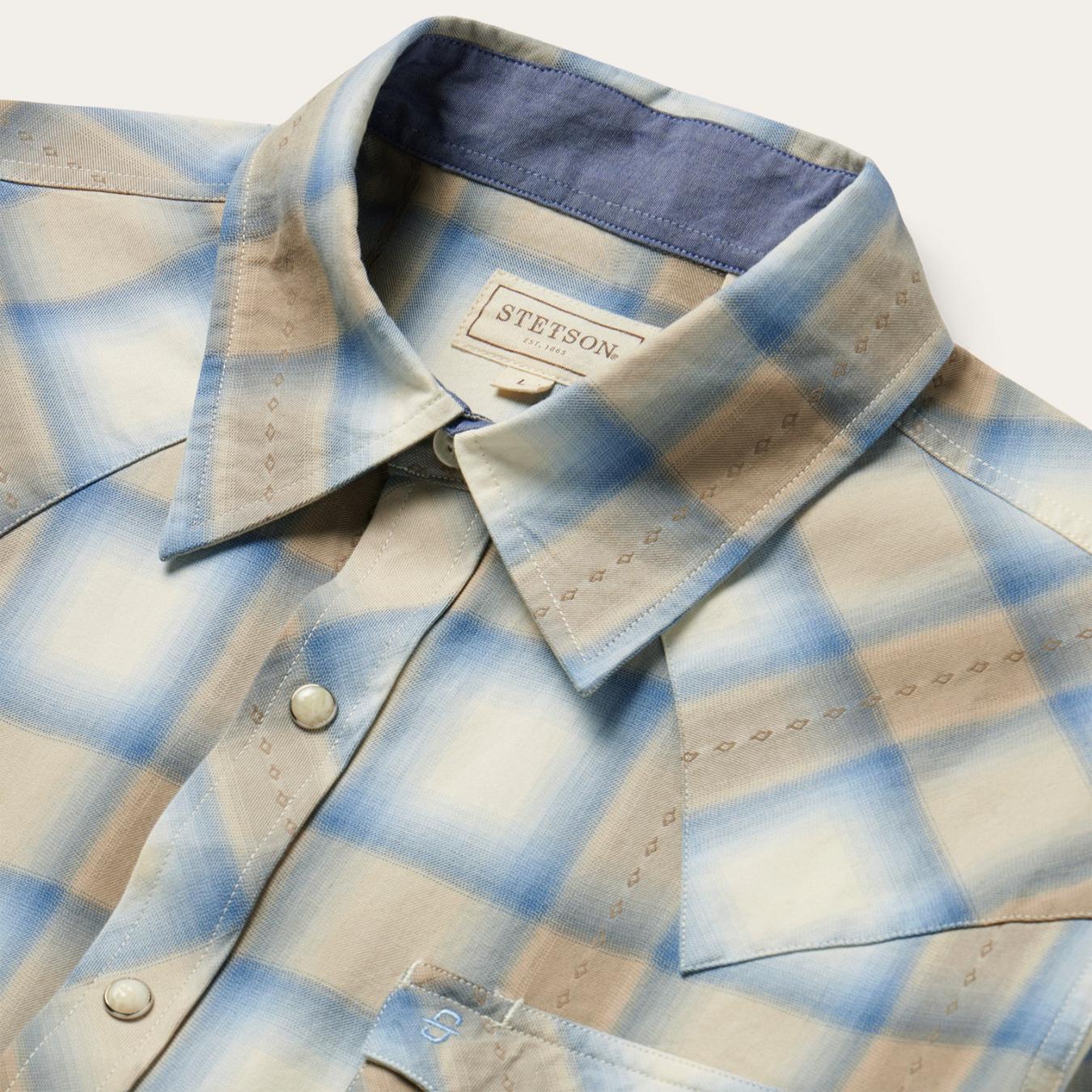 Men Modern Cut Stetson Sand Plaid Dobby Western Shirt Brown
