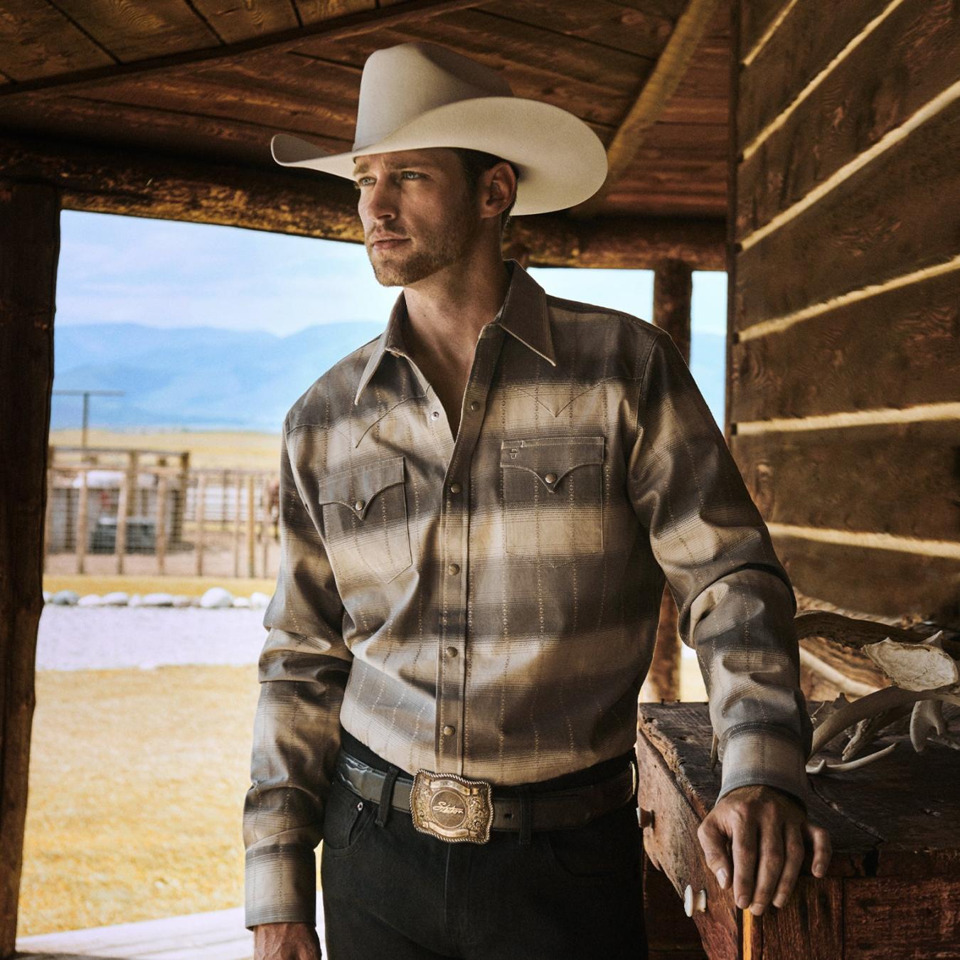 Men Modern Cut Stetson Serape Dobby Twill Western Shirt Brown