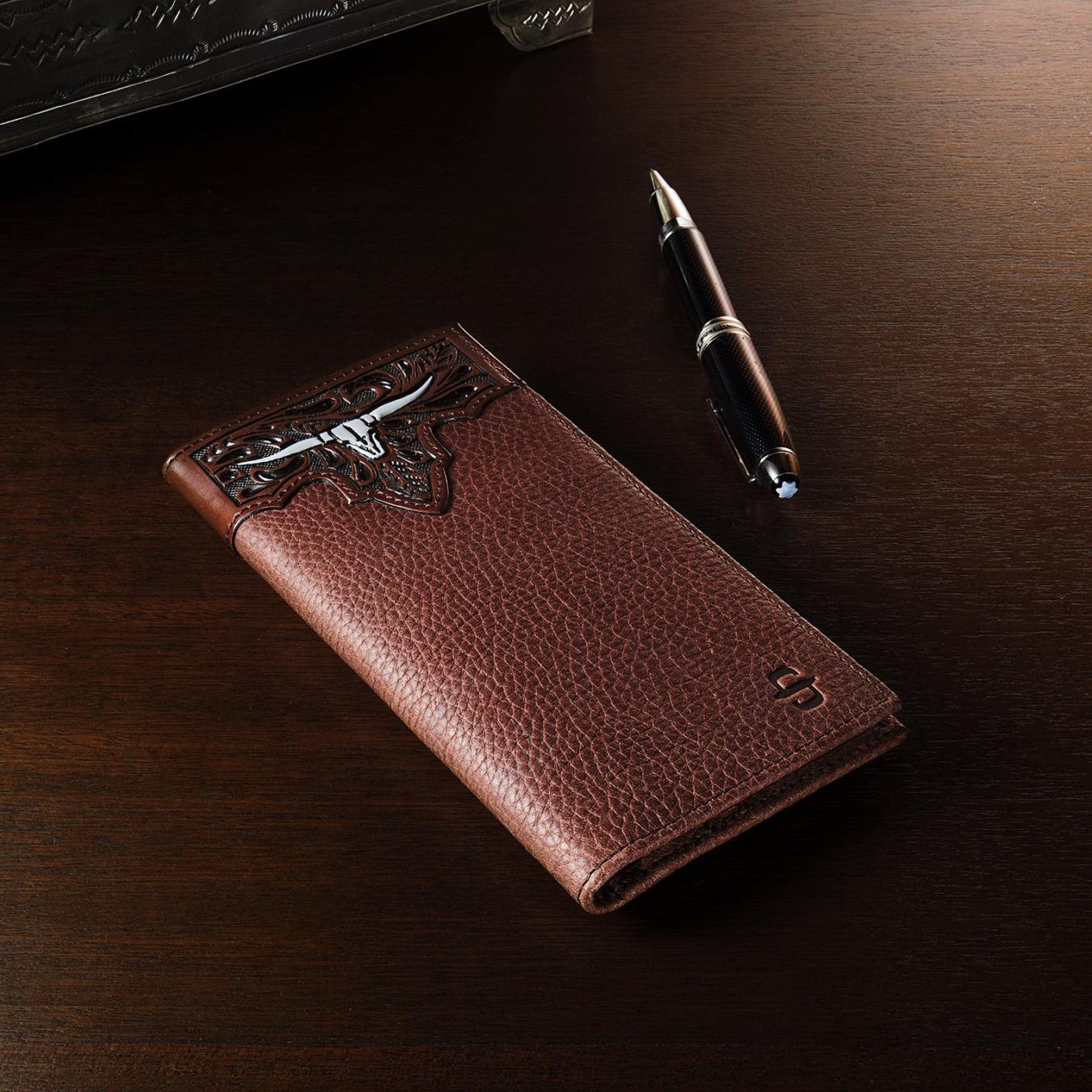 Men Wallets Stetson Steer Head Checkbook Brown