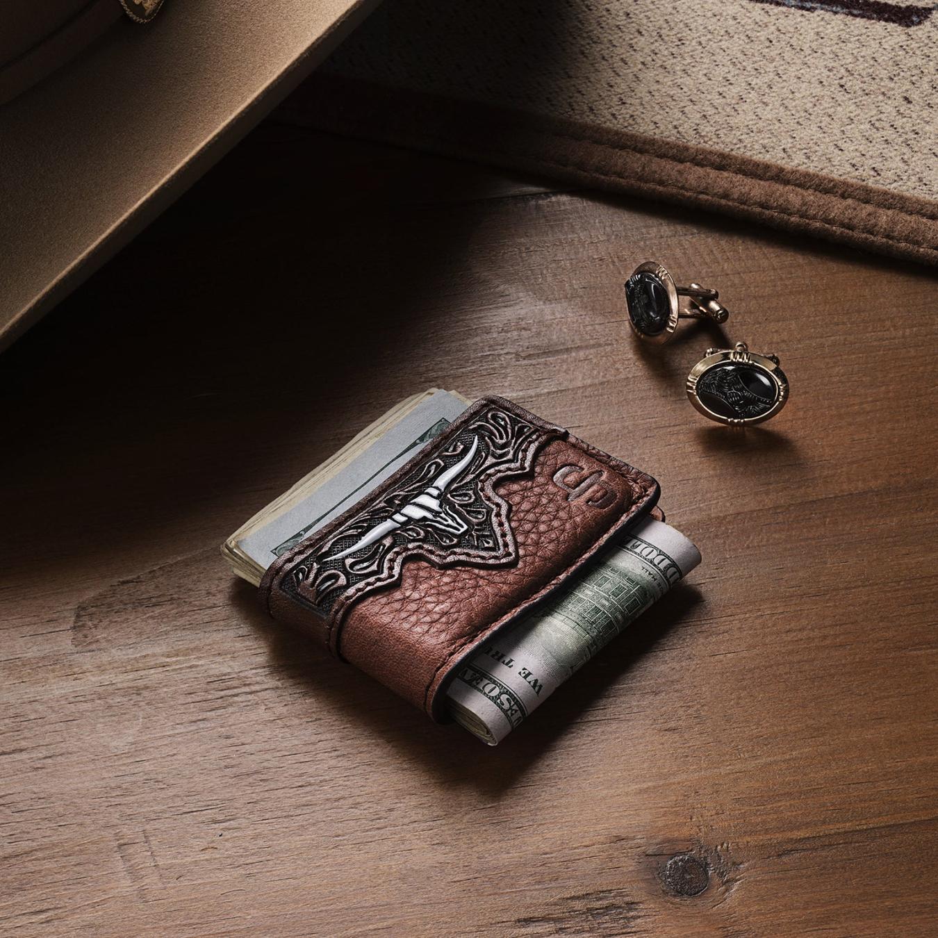 Men Wallets Stetson Steer Head Money Clip Brown