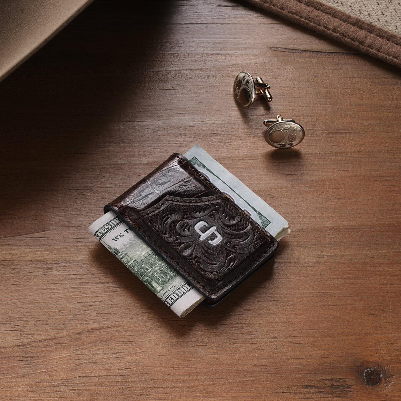 Men Wallets Stetson Tooled Embossed Croco Money Clip Brown