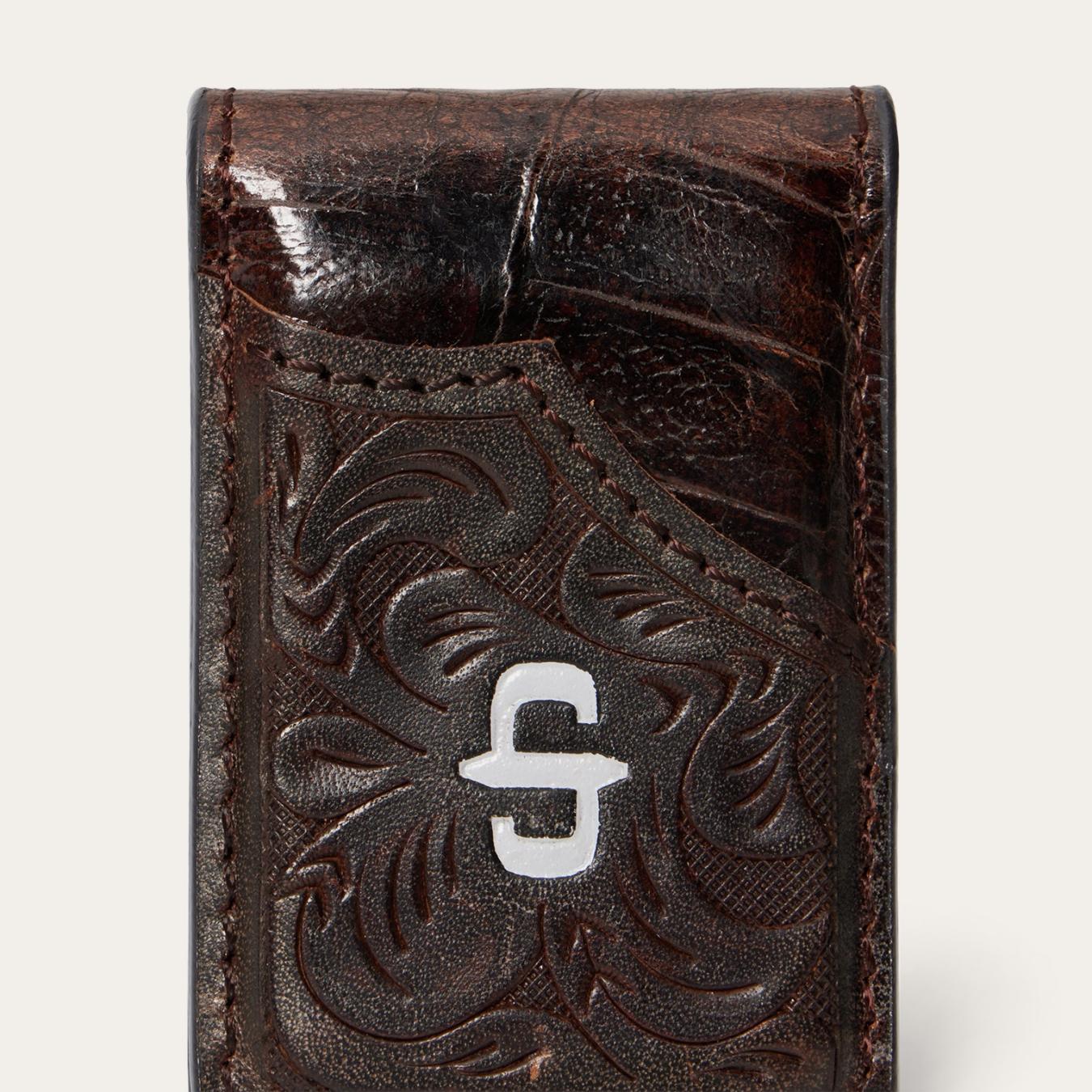 Men Wallets Stetson Tooled Embossed Croco Money Clip Brown