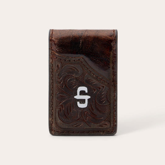 Men Wallets Stetson Tooled Embossed Croco Money Clip Brown