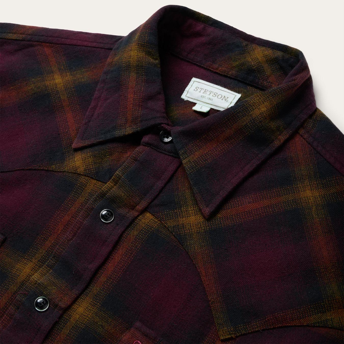 Men Western Shirts Stetson Black Wine Plaid Flannel Western Shirt Wine