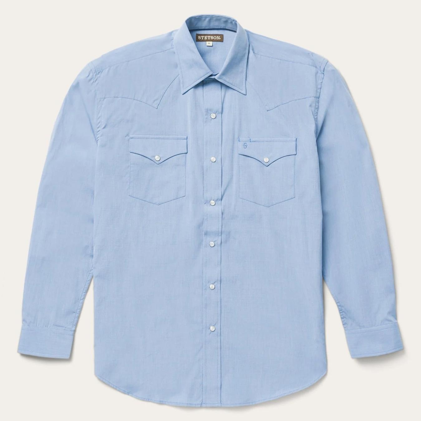 Men Western Shirts Stetson Blue End On End Solid Shirt Blue