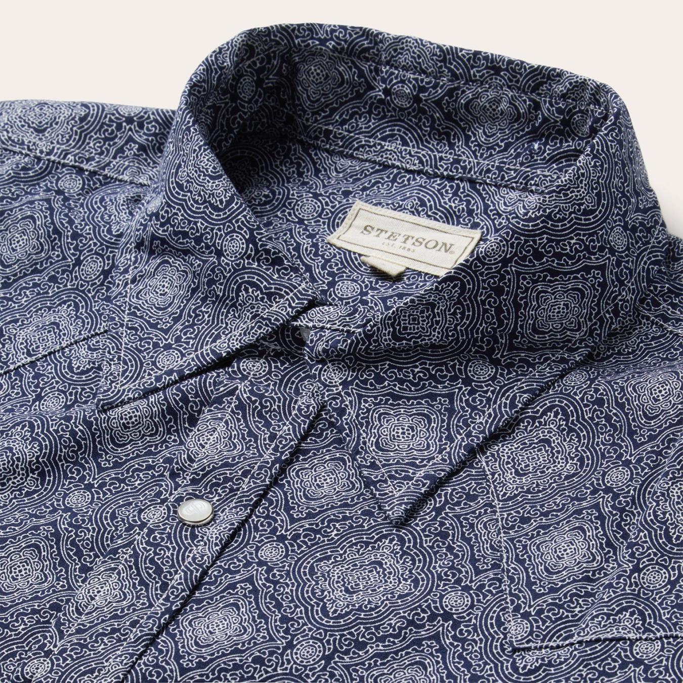 Men Western Shirts Stetson Blue Medallion Print Western Shirt Blue