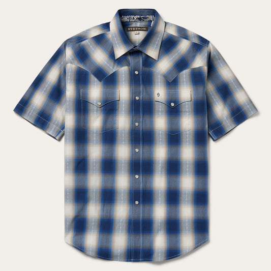 Men Western Shirts Stetson Blue Ombre Plaid Short Sleeve Western Shirt Blue