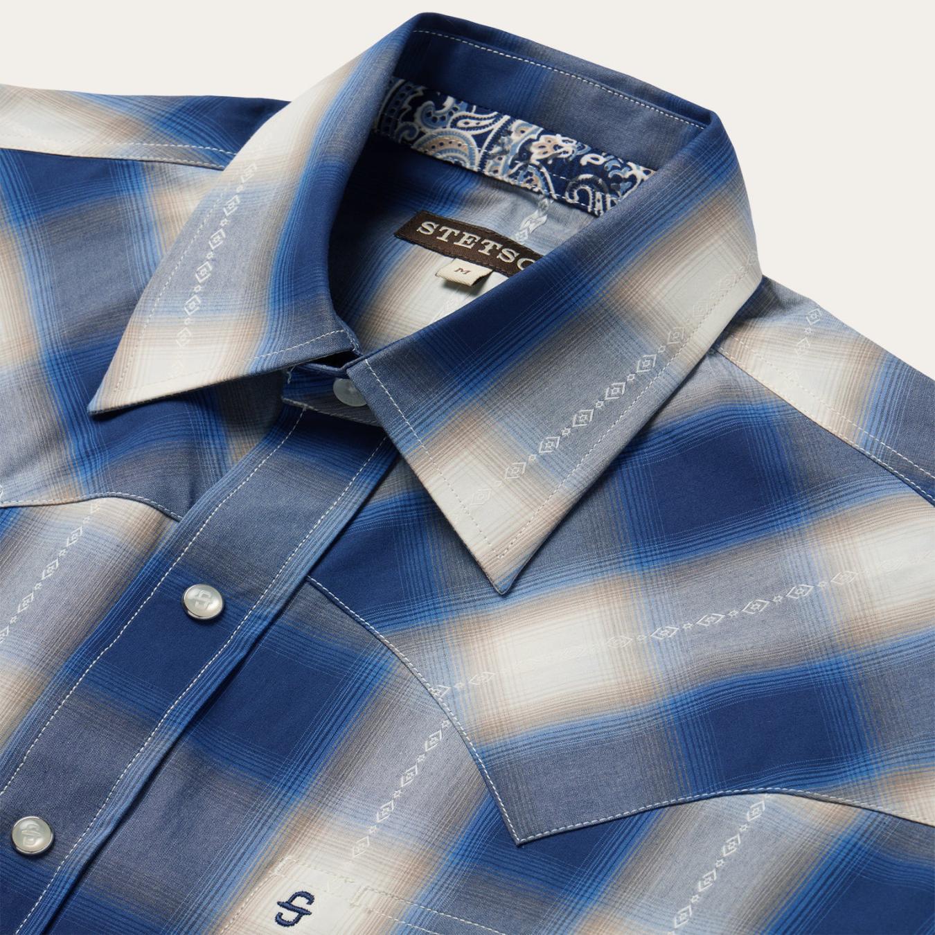 Men Western Shirts Stetson Blue Ombre Plaid Short Sleeve Western Shirt Blue