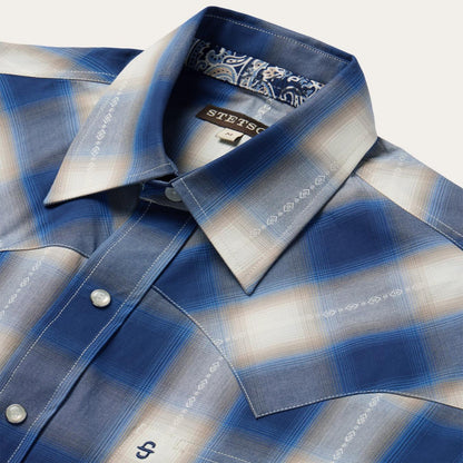 Men Western Shirts Stetson Blue Ombre Plaid Short Sleeve Western Shirt Blue