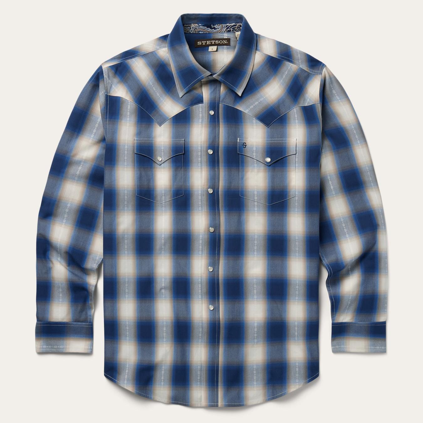 Men Western Shirts Stetson Blue Ombre Plaid Western Shirt Blue