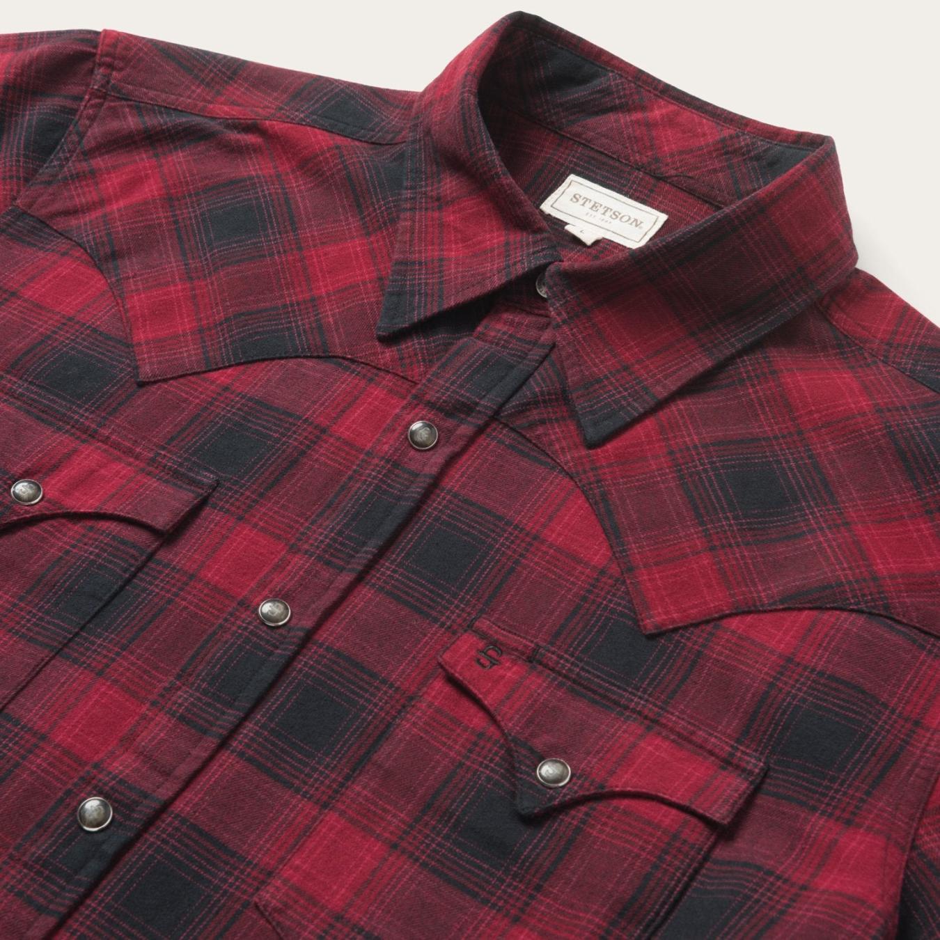 Men Western Shirts Stetson Brushed Twill Plaid Shirt Black