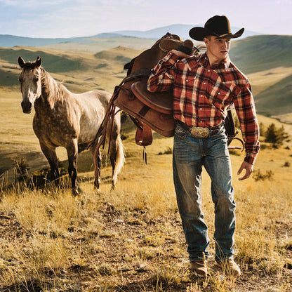 Men Western Shirts Stetson Brushed Twill Plaid Shirt Orange