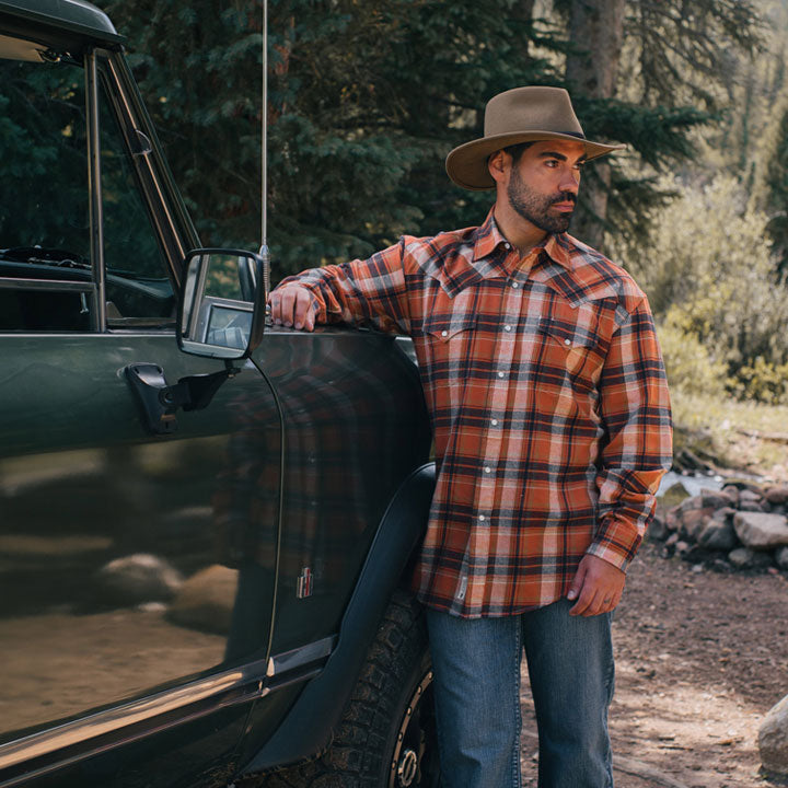 Men Western Shirts Stetson Brushed Twill Plaid Shirt Orange