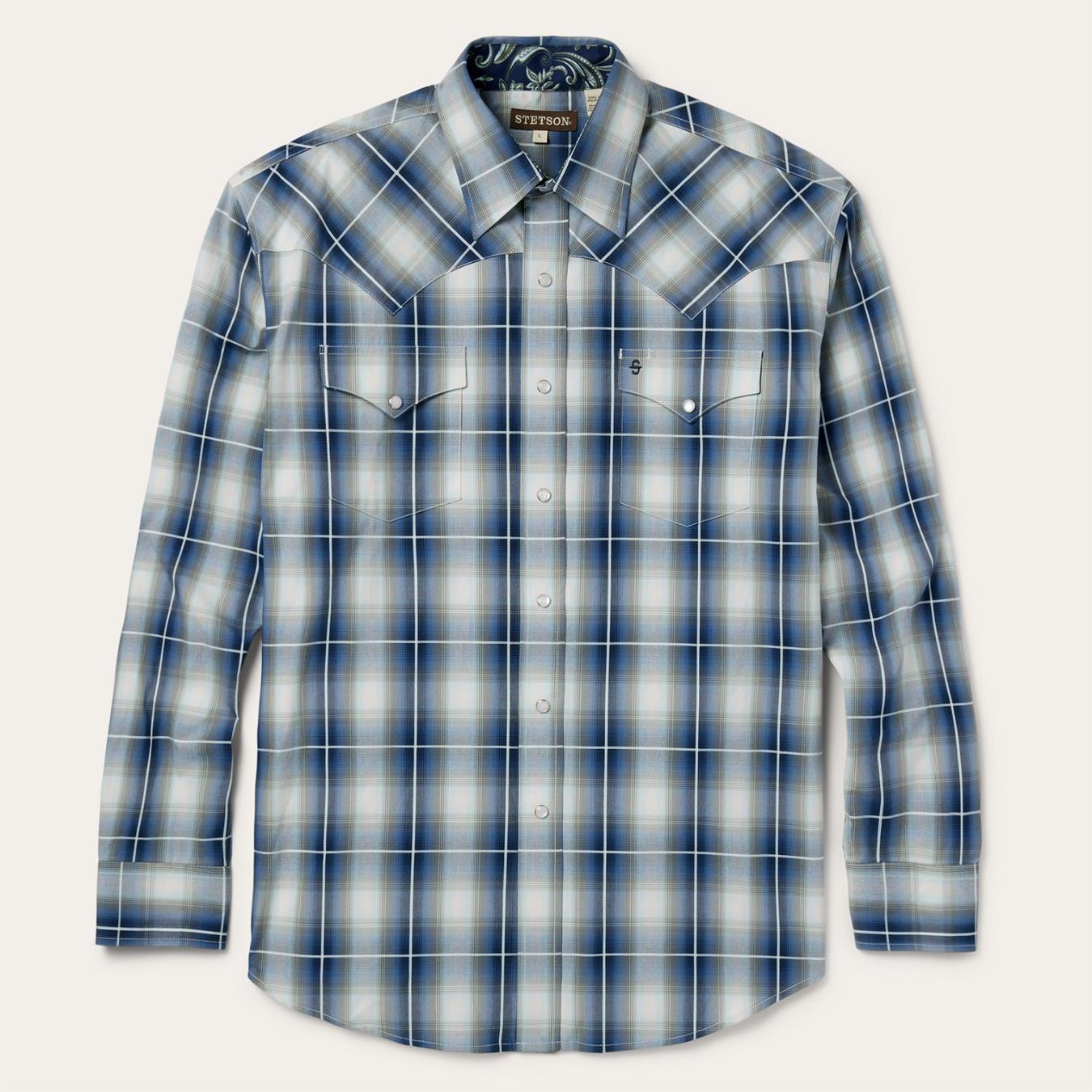 Men Western Shirts Stetson Crystal Plaid Western Shirt Blue
