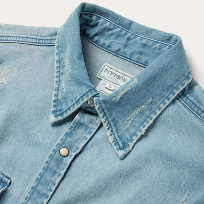 Men Western Shirts Stetson Distressed Denim Western Shirt Blue