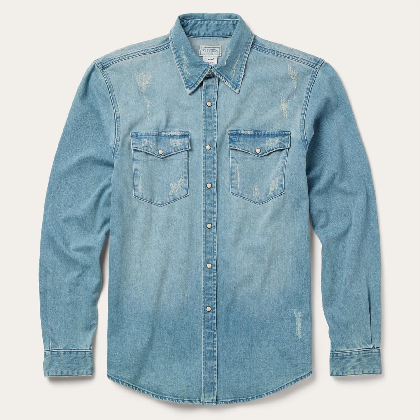 Men Western Shirts Stetson Distressed Denim Western Shirt Blue