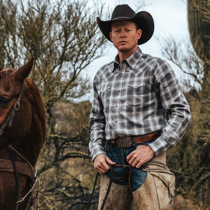 Men Western Shirts Stetson Dobby Twill Plaid Shirt Brown