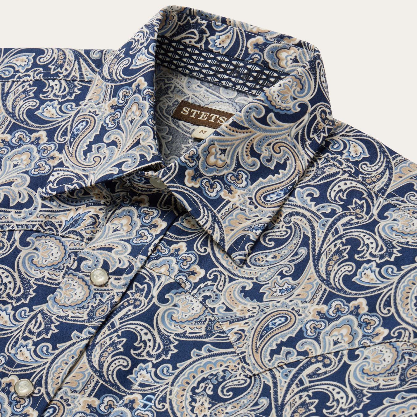 Men Western Shirts Stetson Greenspring Paisley Short Sleeve Western Shirt Blue