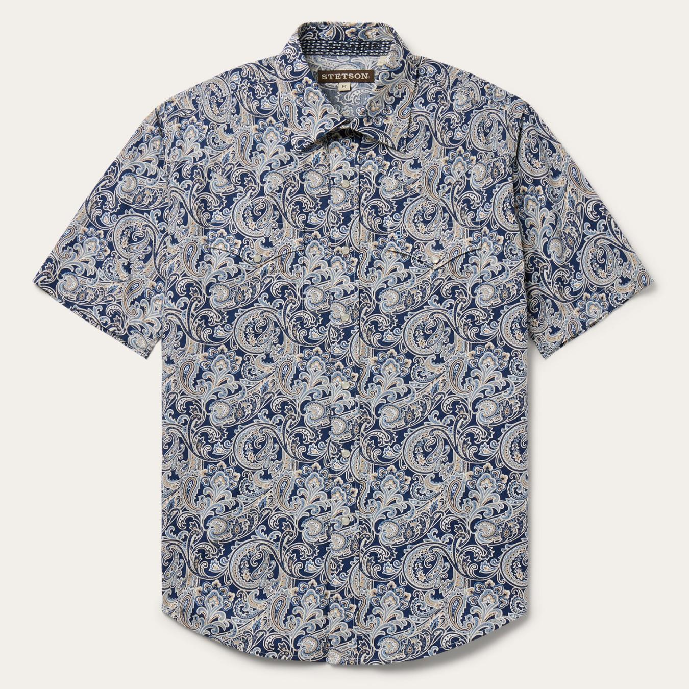 Men Western Shirts Stetson Greenspring Paisley Short Sleeve Western Shirt Blue