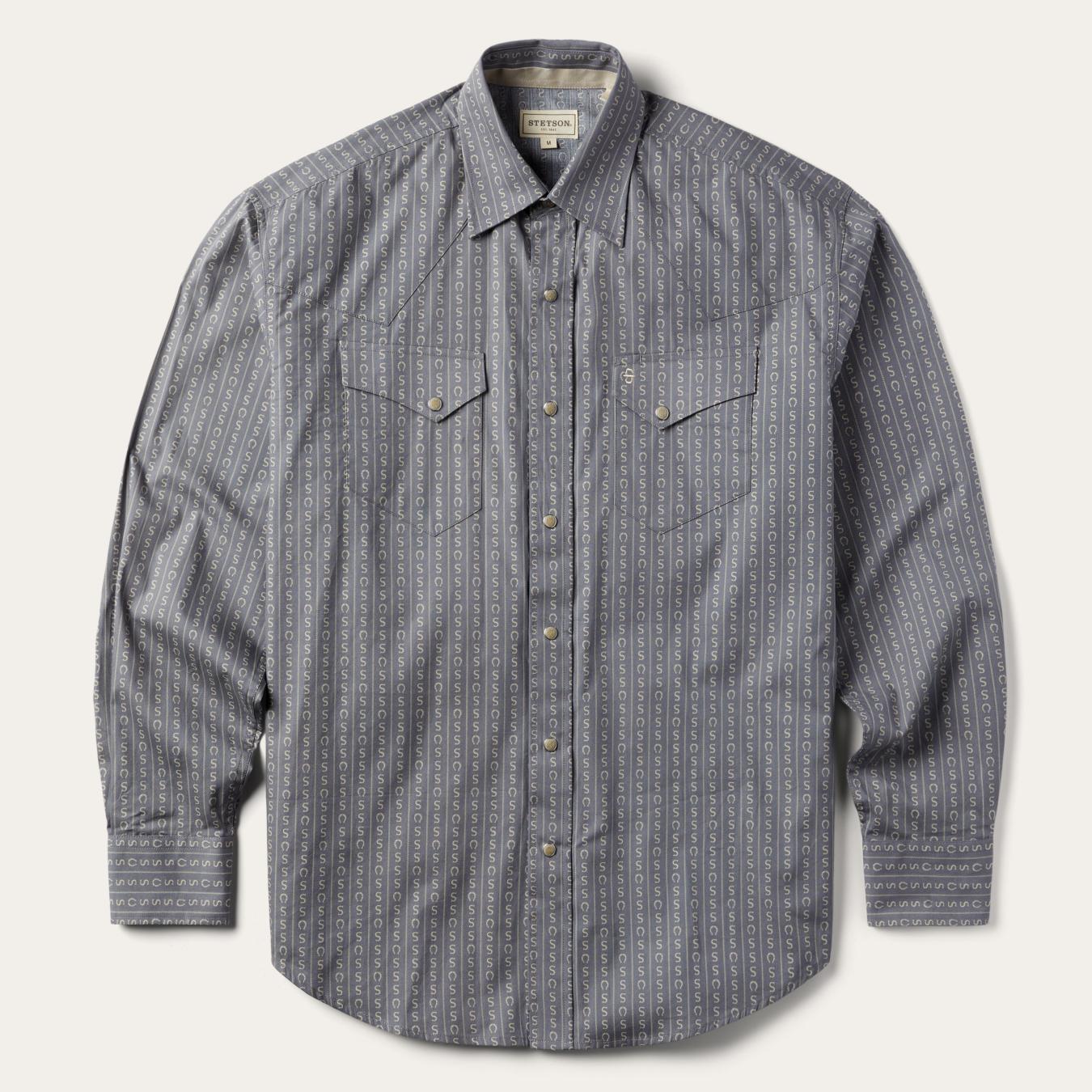 Men Western Shirts Stetson Horseshoe Stripe Print Shirt Grey