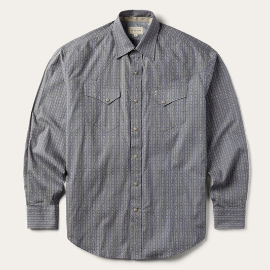 Men Western Shirts Stetson Horseshoe Stripe Print Shirt Grey