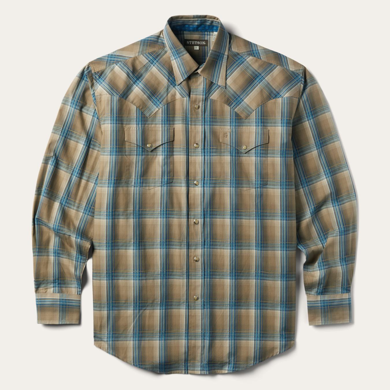 Men Western Shirts Stetson Khaki Ombre Plaid Shirt Brown