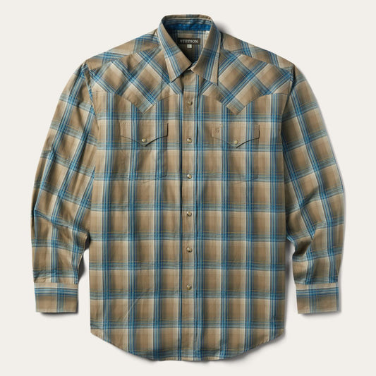 Men Western Shirts Stetson Khaki Ombre Plaid Shirt Brown