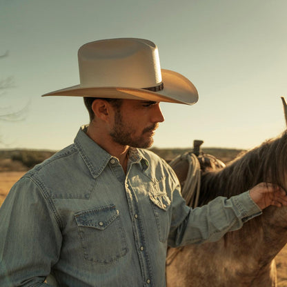 Men Western Shirts Stetson Long-Sleeved Denim Shirt Blue