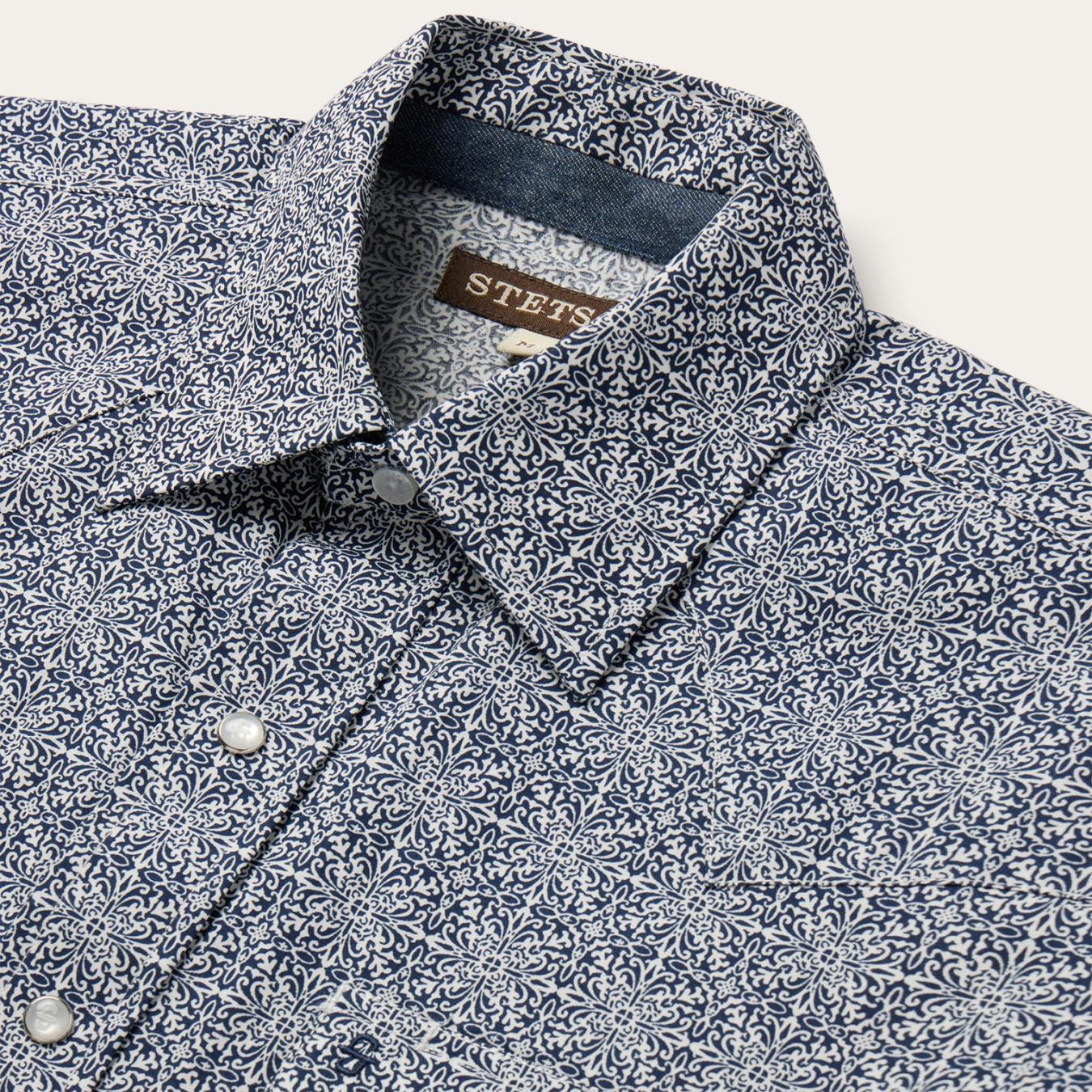 Men Western Shirts Stetson Navy Print Short Sleeve Western Shirt Blue