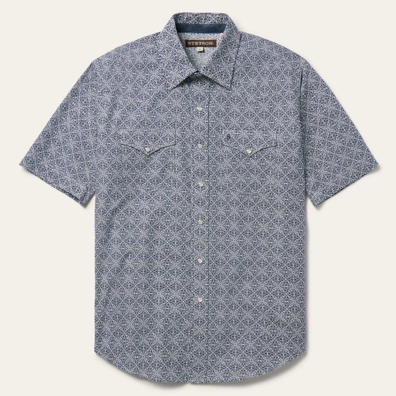 Men Western Shirts Stetson Navy Print Short Sleeve Western Shirt Blue
