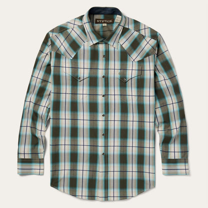 Men Western Shirts Stetson Olive Ombre Plaid Western Shirt Green