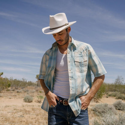 Men Western Shirts Stetson Ombre Plaid Short Sleeve Western Shirt Blue