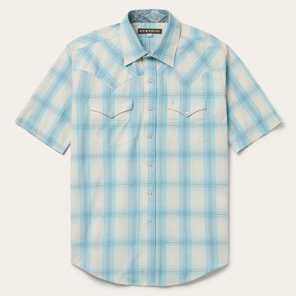 Men Western Shirts Stetson Ombre Plaid Short Sleeve Western Shirt Blue