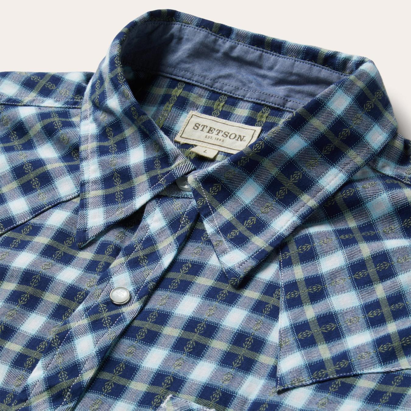 Men Western Shirts Stetson Plaid Twill Dobby Western Shirt Blue