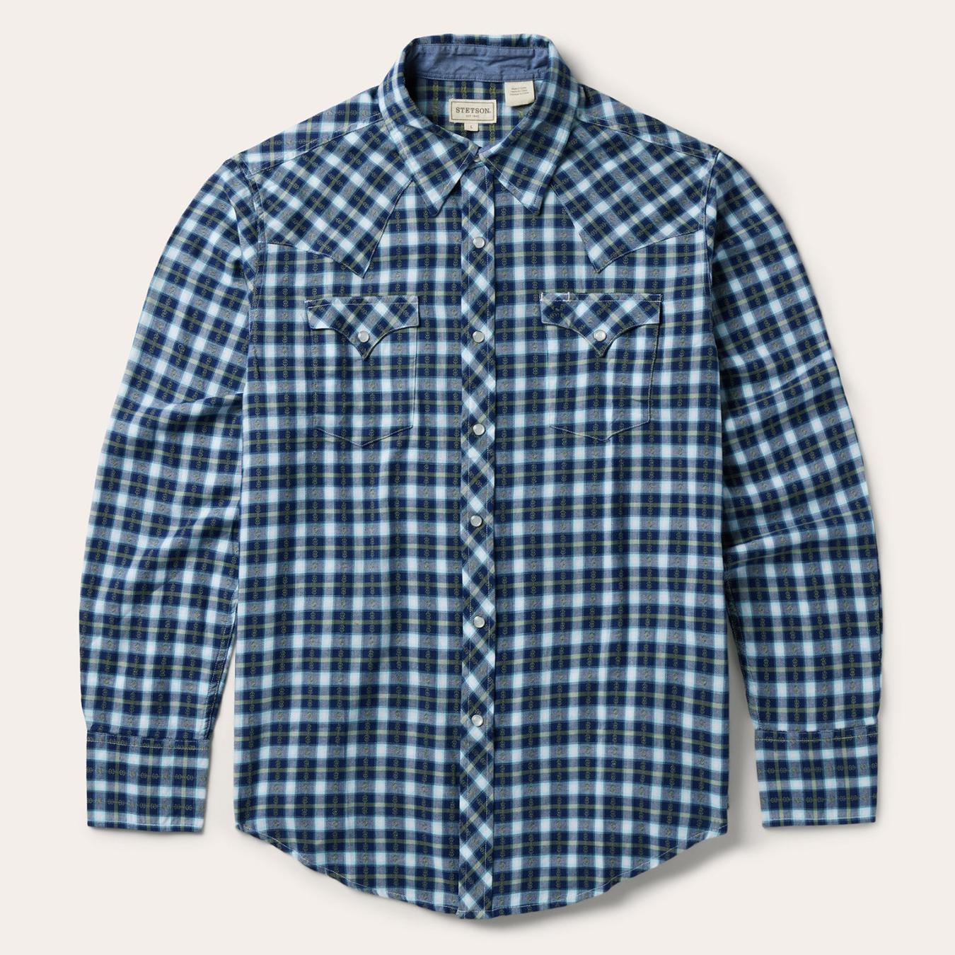 Men Western Shirts Stetson Plaid Twill Dobby Western Shirt Blue
