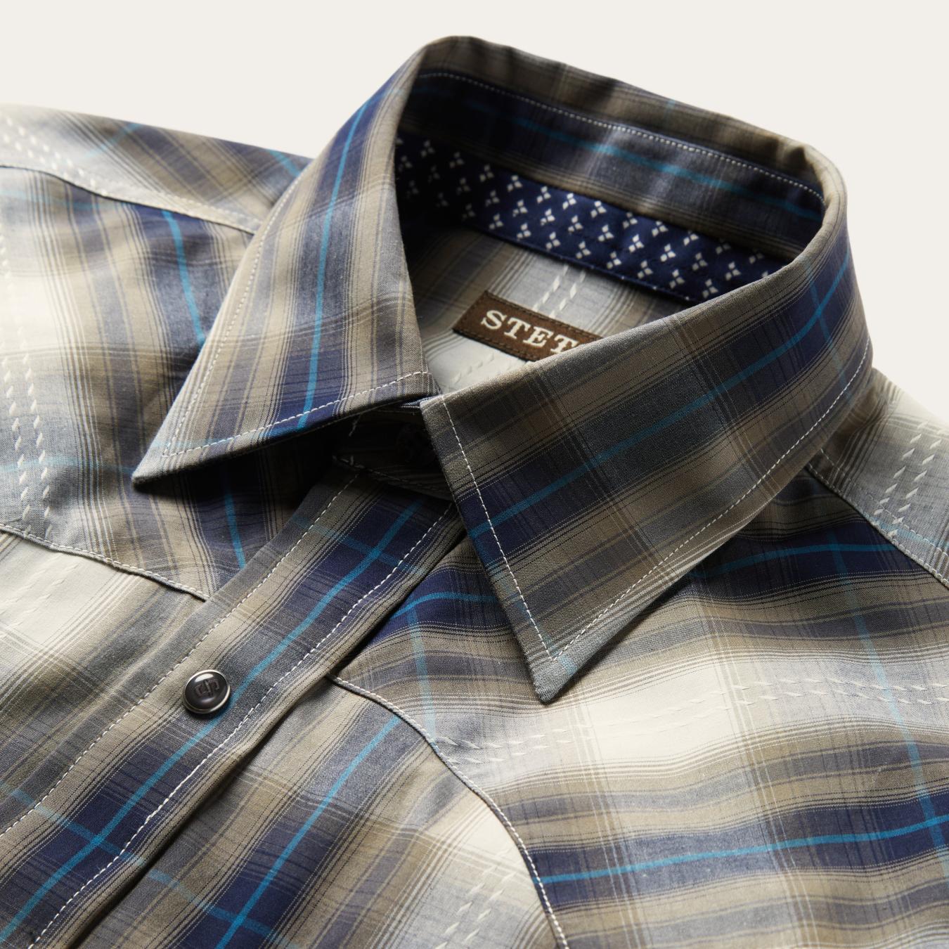 Men Western Shirts Stetson Ranch Plaid Dobby Western Shirt Brown