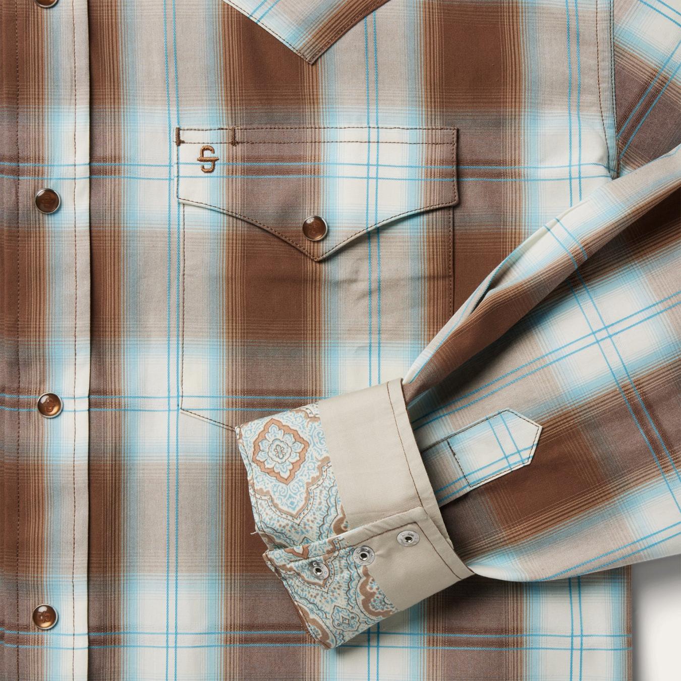 Men Western Shirts Stetson Sand Ombre Plaid Western Shirt Brown
