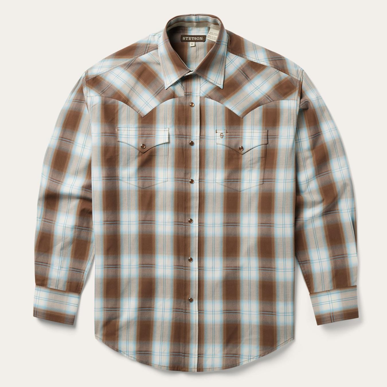 Men Western Shirts Stetson Sand Ombre Plaid Western Shirt Brown