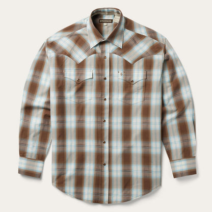 Men Western Shirts Stetson Sand Ombre Plaid Western Shirt Brown